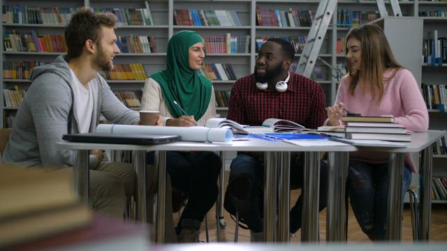 Students working in the library.