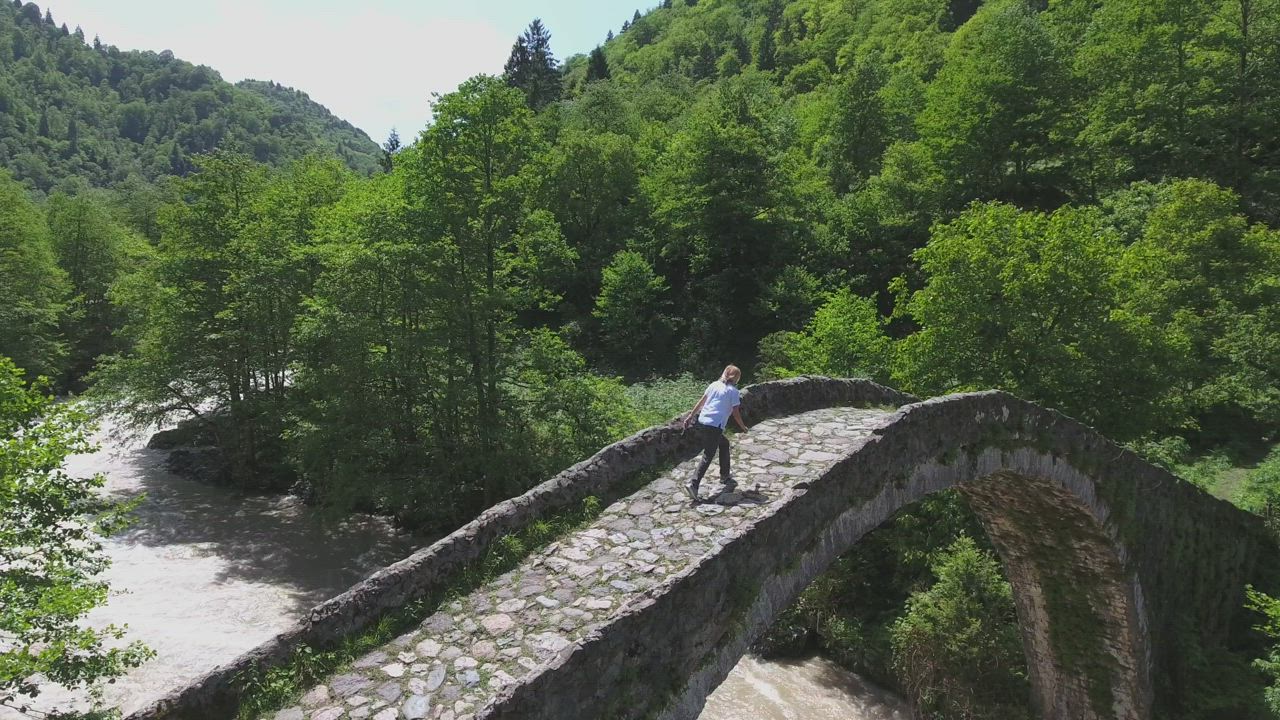 A woman standing on a bridge over a stream - Free Stock Video